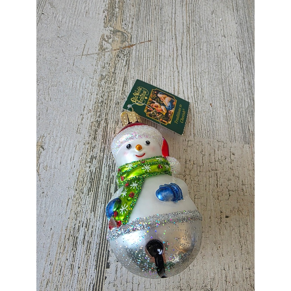 OWC old world jingle bells snowman glitter ornament scarf Xmas tree silver